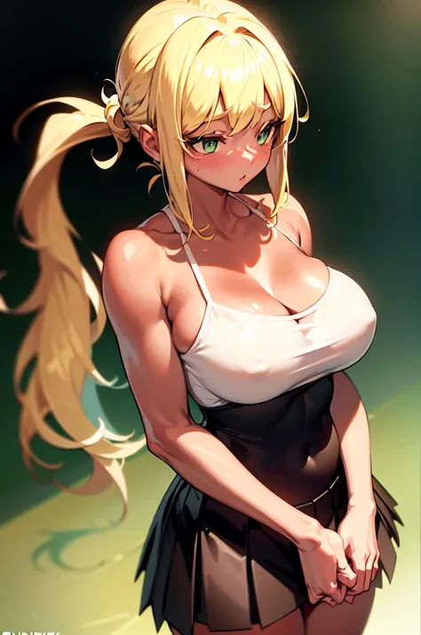 Girl, half body, rim light, blonde hair, green eyes, low ponytail, parted bangs, (shiny skin:1.2), camisole, high contrast, long hair, HDR, tan skin, pointy breasts, cleavage, pleated skirt