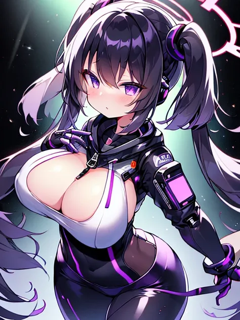 very detailed、masterpiece、high quality、one high school girl、12 years old、Loli、(black and white space suit、accent)、front zipper、(Futuristic, Tight Fit Bodysuit)、headphone、Cyberpunk space station interior background、(colorful purple hair),ロングtwin tails, (pin...