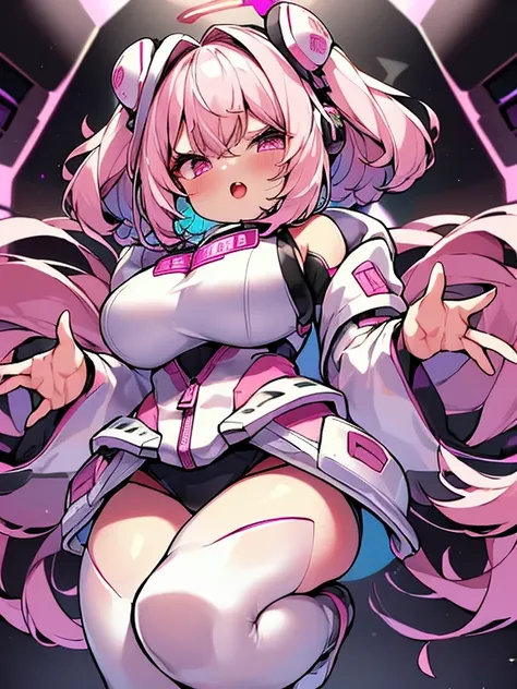 very detailed、masterpiece、high quality、one high school girl、12 years old、Loli、(white and pink space suit)、front zipper、(Futuristic, Tight Fit Bodysuit)、headphone、Cyberpunk space station interior background、(colorful pink hair),ロングtwin tails, (pink eyes), c...