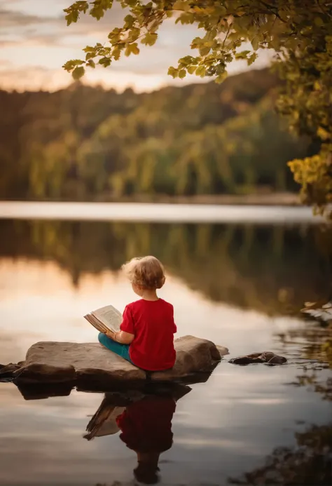 SMALL CHILD READING A BOOK AT THE LAKE