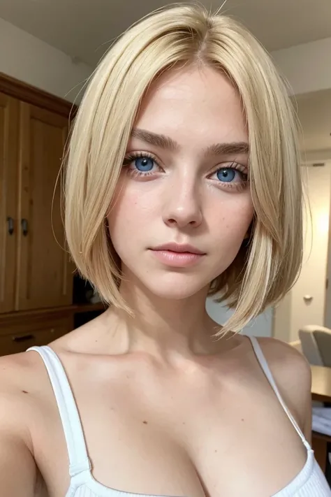 Portrait of a European girl,One,20 years,Beautiful face,Upper body,Hair over one eye,Middle side cut, blonde hair, Sharp Focus, No make up, At home