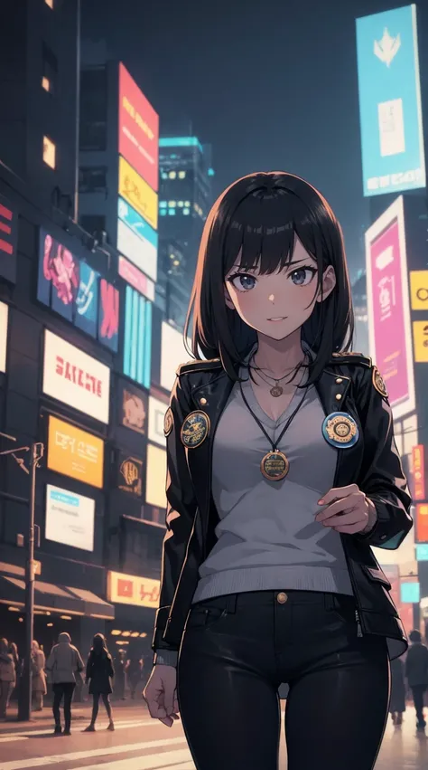 portrait of emb-haiz, pretty face, Cyberpunk city at night. She&#39;s wearing a cardigan leather jacket,underwear,  black jeans, dramatic lighting, (badge:1.2).