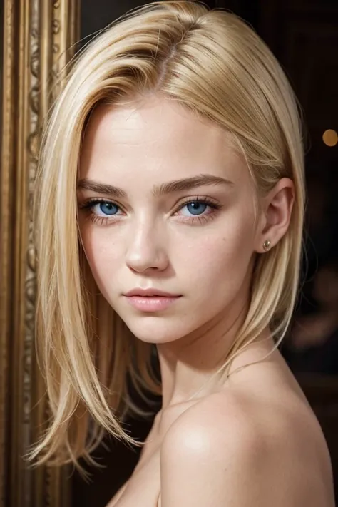 Portrait of a European girl,One,20 years,Beautiful face,Hair over one eye,Middle side cut, blonde hair, Sharp Focus, draws something