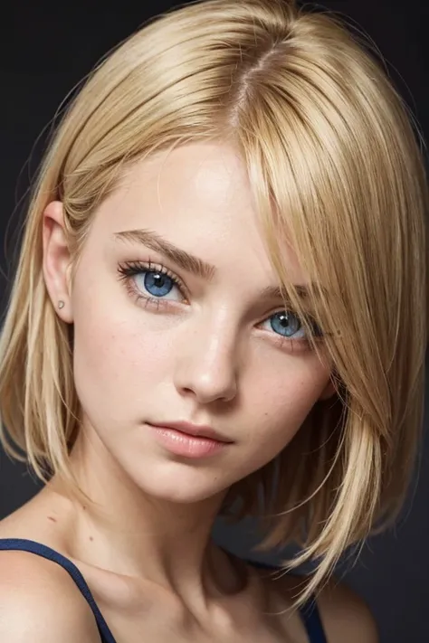 Portrait of a European girl,One,20 years,Beautiful face,Hair over one eye,Middle side cut, blonde hair, Sharp Focus, draws something