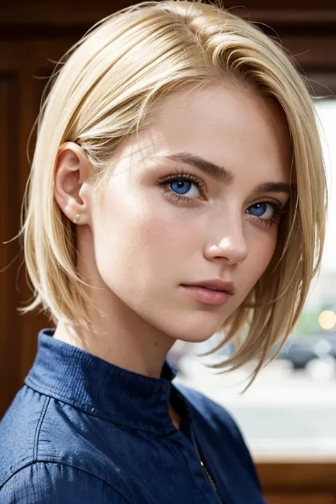 european girl,shooting from the side, medium shot, One,20 years,Beautiful face,Hair over one eye,Middle side cut, blonde hair, Sharp Focus, draws something, shooting from the side