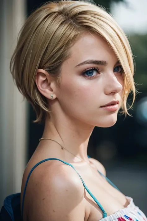 european girl,shooting from the side, medium shot, One,20 years,Beautiful face,Hair over one eye,Middle side cut, blonde hair, Sharp Focus, draws something, shooting from the side