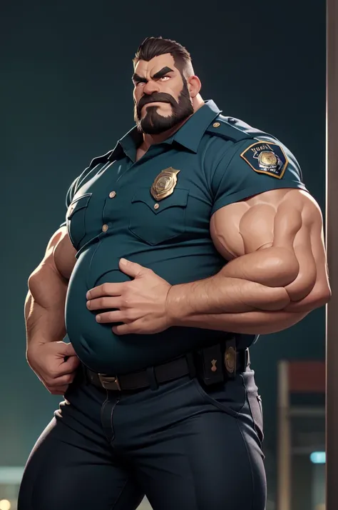 A huge muscular old anthro furry bear, muscular arms, muscular legs, imposing stature, wearing a police uniform, with a stern and intimidating expression on his face, black full facial hair, green eyes, large muscle gut . Detailed facial features, includin...