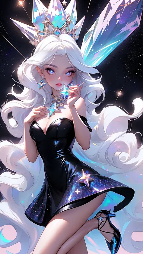 {-erro_de_anatomia:1.0} masterpiece, highest quality, (perfect face:1.1, (high detail)1.1, sweet stardust vampire , long soft white hair, opal eyes, perfectly drawn face, black dress, stars detailed background, prismatic lighting, glitter, whole body,  Dan...