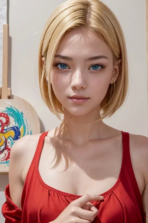 Portrait of a European girl,One,20 years,Beautiful face,Upper body,Hair over one eye,Middle side cut, blonde hair, Sharp Focus，Show off her fashion sense。She is immersed in her own world，Brush in hand，creating something。In the background is a blurry outlin...