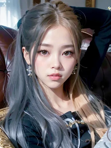 a close-up of a person with long hair sitting on a sofa, parque roseanne de blackpink, portrait of jossi de blackpink, jossi de blackpink, Lalisa Manoban de Blackpink, Lalisa Manobal, Jisoo de Blackpink, jisoo de blackpink, her face looks like an orchid, p...