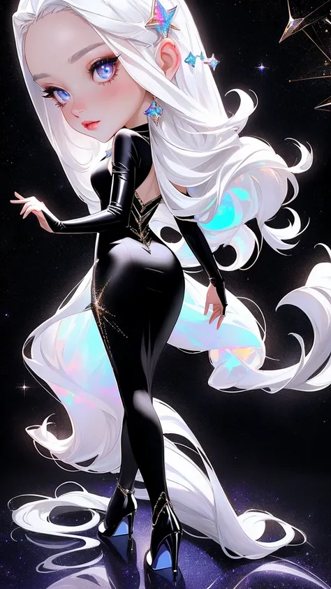 {-erro_de_anatomia:1.0} masterpiece, highest quality, (perfect face:1.1, (high detail)1.1, sweet stardust vampire , long soft white hair, opal eyes, perfectly drawn face, black dress, stars detailed background, prismatic lighting, glitter, whole body,  Dan...