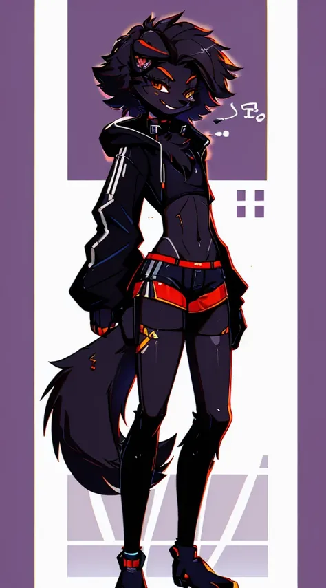 ((fluffy dog)), (1 character:1.4),Author: spuydjeks, (((black fur))), Slim, skinny, small waist, high detail, detailed art style, (sly smile:1.4), Thick hair, small chest, short shorts, Full Length, perfect body, (1 boy:1.5), (Body like a girl:1.4), don&#3...