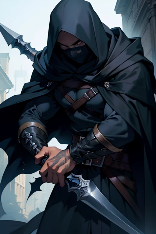 black guy with a black cloak and hood covered in daggers