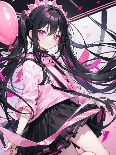 black hair、pink eyes、long hair、Pigtails、Girly clothes、pink and black clothes、Cute balloons