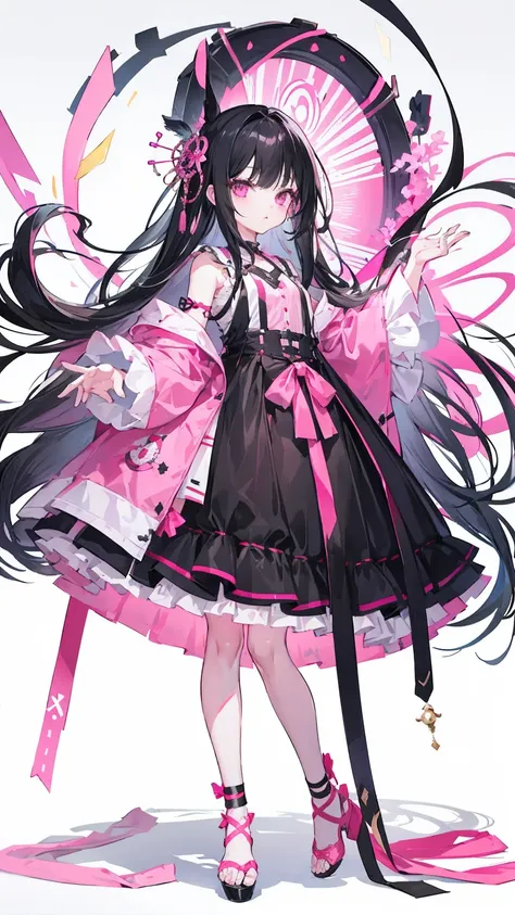 1 girl、black hair、long hair、pink eyes、Girly clothes、pink and black clothes、whole body、Standing picture、toes、cute shoes、white background