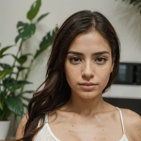 Hyper-realistic depiction of a 28-year-old Latin woman with freckles:1.8, MAIA, capturing the essence of an Instagram influencers aesthetic, super realistic texture face , ultra realistic, meticulously detailed, eyes, without makeup, natural make up, looki...