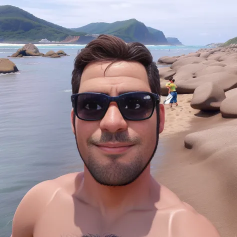 homem bonito dando risada com praia e montanhas ao fundo