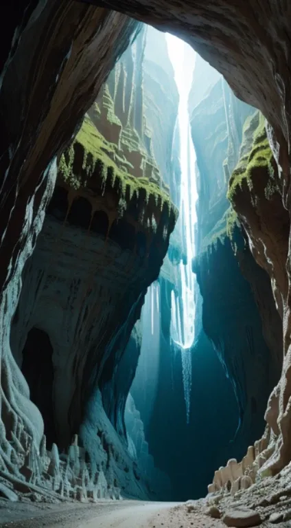 Carved into the face of a majestic cliff, a (grand cave entrance:1.3) presents itself as a gateway to a hidden world. The (expansive opening:1.2) reveals an awe-inspiring grotto adorned with (twisting formations:1.4) that appear like frozen waves. Subdued ...