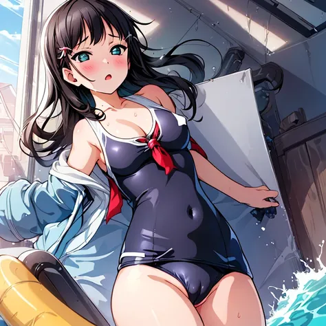 best quality, very aesthetic, Super detailed, best illustration, nsfｗ, pussy focus, 1girl, おっぱい, aroused, black_hair, school swim suit