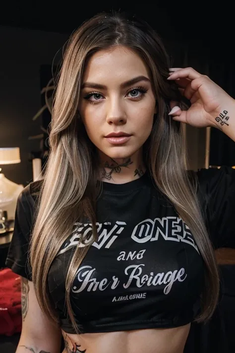 Photo of woman, ash blonde-black balayage hair, long straight hair, huge pin up eyelines, high quality, photorealistic, black t-shirt, tattoo