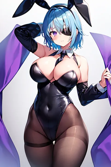 1girl, large breasts, wide hips, light blue hair, purple eyes, one eye covered, eyepatch, ((eyepatch)), very short hair, light smile, happy, bunny ears, black leotard, bunnysuit, pantyhose, necktie