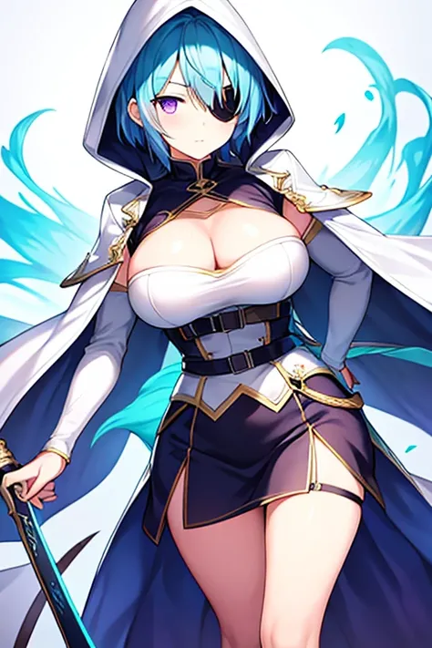 1girl, large breasts, wide hips, light blue hair, purple eyes, one eye covered, eyepatch, ((eyepatch)), very short hair, glowing eyes, serious, emotionless, cloak, white cloak, white hood, white cape, cape, belt, white pants