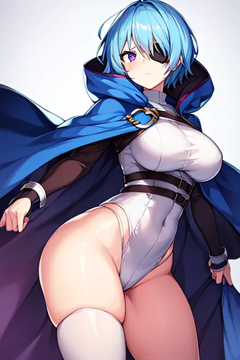 1girl, large breasts, wide hips, light blue hair, purple eyes, one eye covered, eyepatch, ((eyepatch)), very short hair, glowing eyes, serious, emotionless, cloak, white cloak, white hood, white cape, cape, belt, white pants