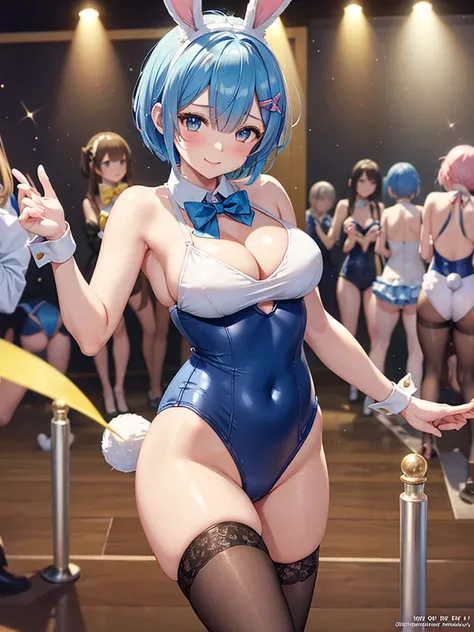 Rem, re zero, Blue hair, Short bob hair, large breasts, cleavage, (masterpiece), (best quality), (ultra-detailed), (depth of field), (super animetic illustration), (4k), multiple bunny girl,cute anime idol,best smile, an uplifting mood, a little lonely eye...