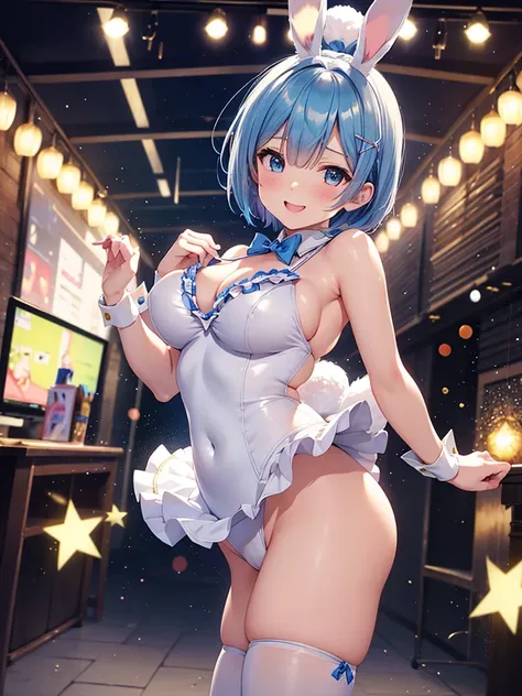 Rem, re zero, Blue hair, Short bob hair, large breasts, cleavage, (masterpiece), (best quality), (ultra-detailed), (depth of field), (super animetic illustration), (4k), multiple bunny girl,cute anime idol,best smile, an uplifting mood, a little lonely eye...