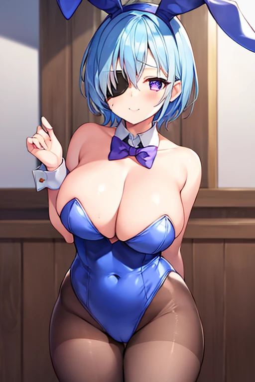 1girl, large breasts, wide hips, light blue hair, purple eyes, one eye covered, eyepatch, ((eyepatch)), very short hair, light smile, happy, bunny ears, bunnysuit, pantyhose, bowtie, cleavage