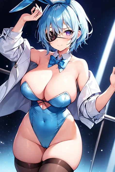 1girl, large breasts, wide hips, light blue hair, purple eyes, one eye covered, eyepatch, ((eyepatch)), very short hair, light smile, happy, bunny ears, bunnysuit, pantyhose, bowtie, cleavage