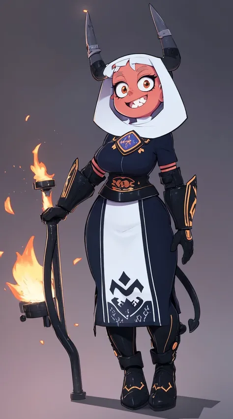 nun, demon girl, walking, , warpriesstes, silver hair, short hair, sacred gauntlets, long ski, cute smile, pure smile, love smile,,veillong skirt, pantyhose, staff holding, armor, gloves, standing, full body,sharpteeth,standing, full body, happy, joyfull