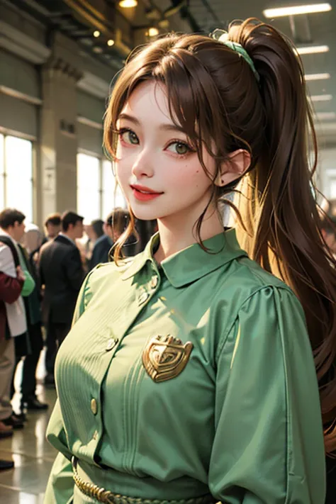 woman((30 years old)), hair((wavy, Golden brown)), eye((smart eye, green)), Clothes((New York Fashion Week, light green)),  smile, brain out, ponytail, accessories,