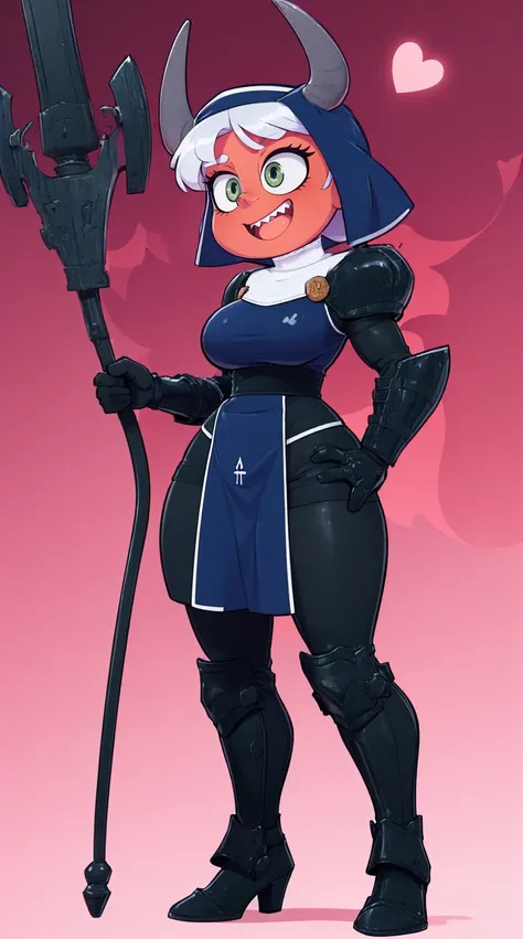 nun, demon girl, walking, , warpriesstes, silver hair, short hair, sacred gauntlets, long ski, cute smile, pure smile, love smile,,veillong skirt, pantyhose, staff holding, armor, gloves, standing, full body,sharpteeth,standing, full body, happy, joyfull
