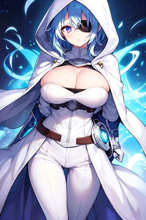 1girl, large breasts, light blue hair, purple eyes, one eye covered, eyepatch, ((eyepatch)), short hair, glowing eyes, serious, cloak, white cloak, white hood, white cape, cape, belt, white pants, white clothes, hood up, pants, ((pants))