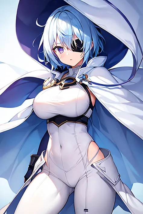 1girl, large breasts, light blue hair, purple eyes, one eye covered, eyepatch, ((eyepatch)), short hair, glowing eyes, serious, cloak, white cloak, white hood, white cape, cape, belt, white pants, white clothes, hood up, pants, ((pants))