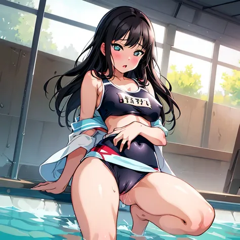 best quality, very aesthetic, Super detailed, best illustration, nsfｗ, pussy focus, 1girl, おっぱい, aroused, black_hair, school swim suit