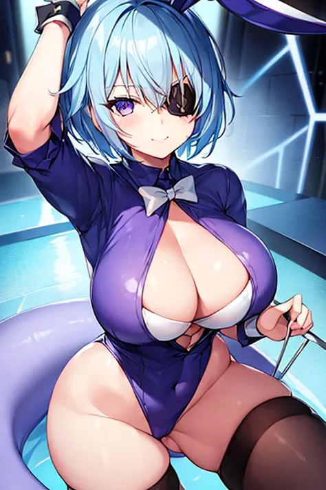 1girl, large breasts, wide hips, light blue hair, purple eyes, one eye covered, eyepatch, ((eyepatch)), very short hair, light smile, happy, bunny ears, bunnysuit, cleavage, bar