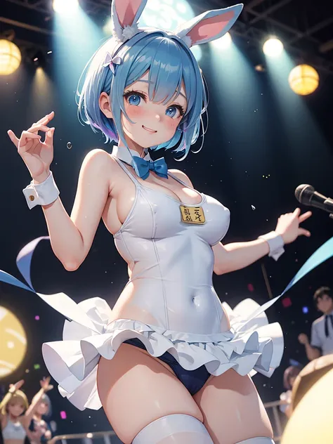 Rem, re zero, Blue hair, Short bob hair, large breasts, cleavage, (masterpiece), (best quality), (ultra-detailed), (depth of field), (super animetic illustration), (4k), multiple bunny girl,cute anime idol,best smile, an uplifting mood, a little lonely eye...