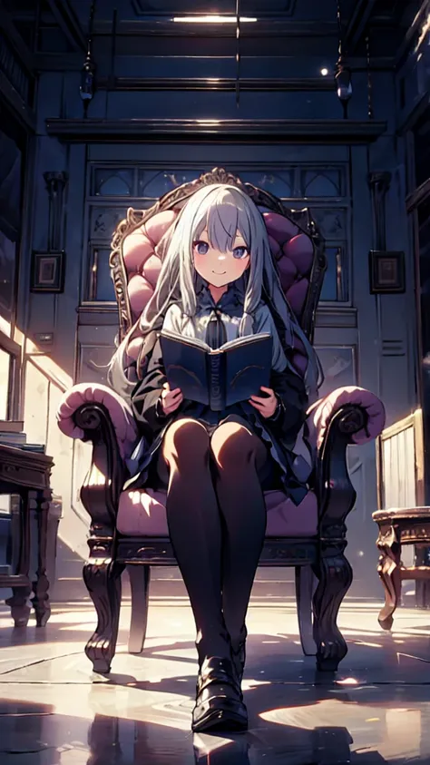 best quality, ultra detailed, absurdres, hdr, 1 loli、smile、gentle expression、in town、slender body、sit in a chair and read a book...