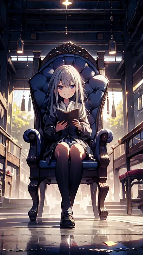 best quality, ultra detailed, absurdres, hdr, 1 loli、smile、gentle expression、in town、slender body、sit in a chair and read a book...