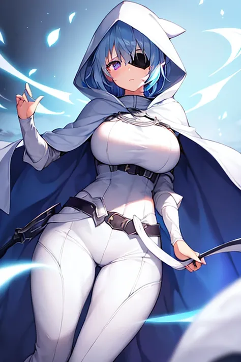 1girl, large breasts, light blue hair, purple eyes, one eye covered, eyepatch, ((eyepatch)), short hair, glowing eyes, serious, cloak, white cloak, white hood, white cape, cape, belt, white pants, white clothes, hood up, pants, ((pants))