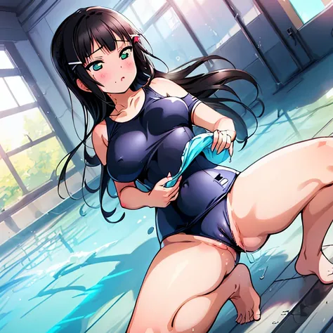 best quality, very aesthetic, Super detailed, best illustration, nsfｗ, pussy focus, 1girl, おっぱい, aroused, black_hair, school swim suit