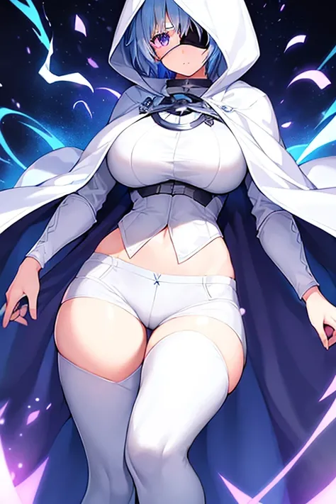 1girl, large breasts, light blue hair, purple eyes, one eye covered, eyepatch, ((eyepatch)), short hair, glowing eyes, emotionless, cloak, white cloak, white hood, white cape, cape, belt, white pants, white clothes, hood up, pants, ((pants))