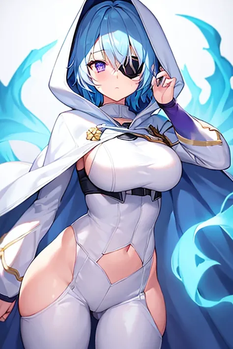 1girl, large breasts, light blue hair, purple eyes, one eye covered, eyepatch, ((eyepatch)), short hair, glowing eyes, emotionless, cloak, white cloak, white hood, white cape, cape, belt, white pants, white clothes, hood up, pants, ((pants))