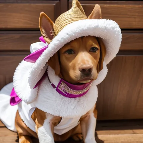 Vizsla dog with abnormal size hair, pelugem tamanho Gigantescos, pelagem muito longo  e cor dos pelos albino, veste casaco, veste jaqueta de couro
 preta brilhoso, usando roupas da moda, usando vestido fofo de princesa ou vestido fofo de noiva, brincando c...