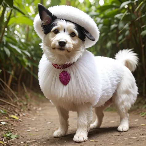 Puli breed dog with abnormal size hair, pelugem tamanho Gigantescos, pelagem muito longo  e cor dos pelos albino, veste casaco, veste jaqueta de couro
 preta brilhoso, usando roupas da moda, usando vestido fofo de princesa ou vestido fofo de noiva, brincan...