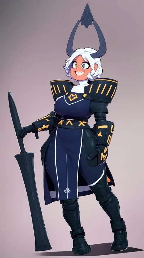 nun, demon girl, walking, , warpriesstes, silver hair, short hair, sacred gauntlets, long ski, cute smile, pure smile, love smile,,veillong skirt, pantyhose, staff holding, armor, gloves, standing, full body,sharpteeth,standing, full body, happy, joyfull