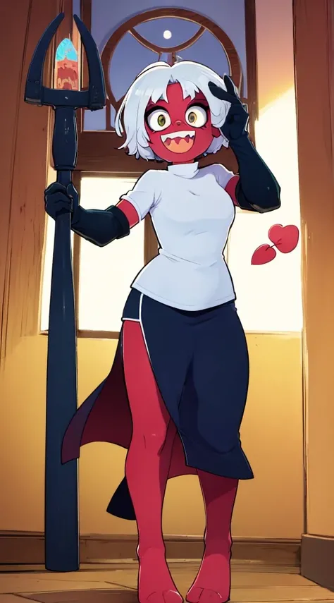 nun, demon girl, walking, , warpriesstes, silver hair, short hair, sacred gauntlets, long ski, cute smile, pure smile, love smile,,veillong skirt, pantyhose, staff holding, armor, gloves, standing, full body,sharpteeth,standing, full body, happy, joyfull