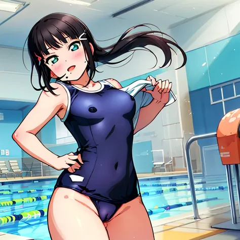 best quality, very aesthetic, Super detailed, best illustration, nsfｗ, pussy focus, 1girl, おっぱい, aroused, black_hair, school swim suit